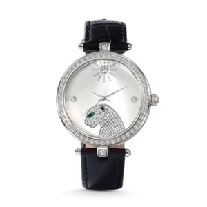 Jeulia "Wild and Free" Leopard Quartz Black Leather Watch with Silver-Tone Dial