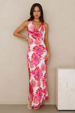 Romantic Steps Satin Maxi Dress Pink