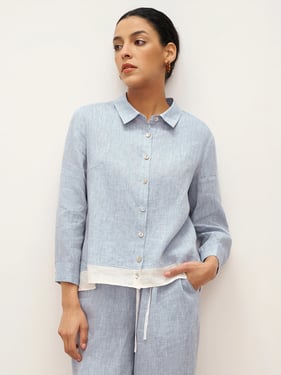 100% Linen Buttoned Closure Color-Blocked Shirt JANICE - Light Denim Blue / XXXL