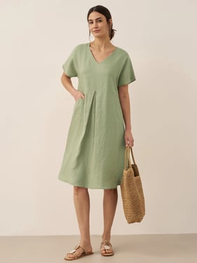 100% Linen V-Neck Pockets Swing Dress AINSLEY - Tarragon Green / XXL