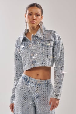 AKIRA Pick N Choose Rhinestone Denim Jacket | Light Blue | Size Medium