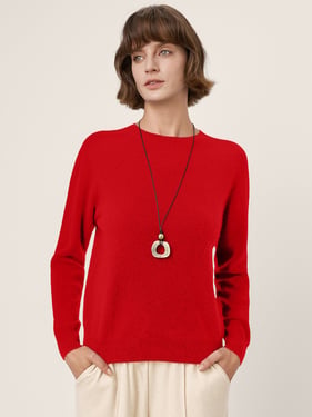 Premium Cashmere Blend Hand-Finished Seamless Crew Neck Ribbed Trim Knit Top WANDA - Crimson Red / XXL