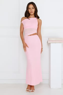 Shimmering Edge Off Shoulder Mesh Maxi Dress Pink