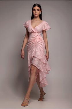 Goddiva Jacquard Chiffon Wrap High Low Midaxi Dress - Pink