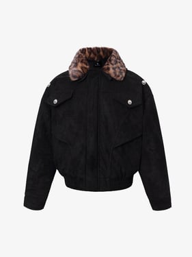 Retro Leopard Fur Collar Padded Bomber Jacket - Black / XL