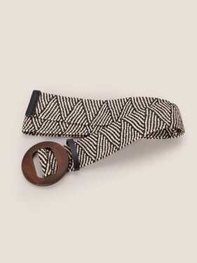 Wooden Buckle Handcrafted Woven Elastic Wide Waist Belt - Black Stripe / One Size