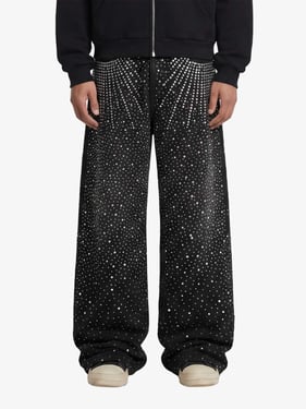 Retro Denim Full Rhinestone Design Baggy Jeans - 2545 - Black / 3XL