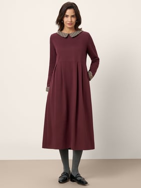 Cotton Plaid Peter Pan Collar Midi Dress CARLA - Burgundy Red / XXL