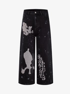 Retro Rhinestone Graffiti Washed Straight Jeans - Black / 3XL