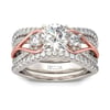 Jeulia Two Tone Three Stone Round Cut Sterling Silver Ring Set