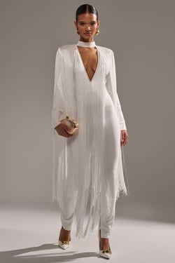 AKIRA Belle Bandage Jumpsuit With Fringe | White | Size 1X