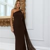 Sultry Drape One Shoulder Maxi Dress Chocolate