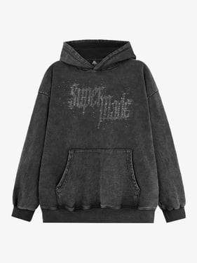 Rhinestone Distressed Letter Graphic Hoodie - Wash Water Ash / 2XL