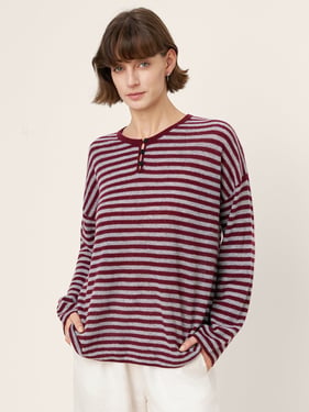 100% Mongolian Cashmere Drop Shoulder Stripe Knit Top RAINA - Burgundy Stripe / L
