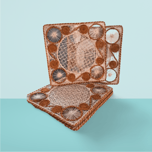 Caracol Square Handwoven Iraca Placemat - Accented Borders / Tan