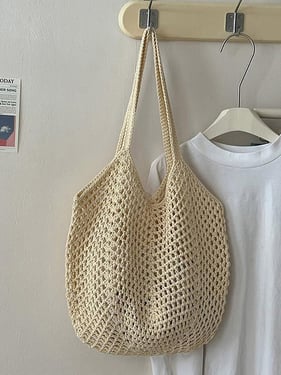 Cotton Woven Openwork Beach Tote Bag - Beige / One Size