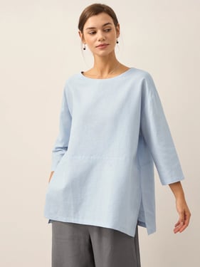 Linen White Boat Neck Oversized Top AVA - Sky Blue / XXL