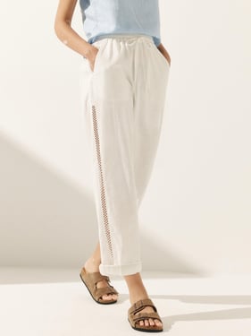 Linen Cropped Hollow Lace Stitching Ankle Length Pants YARA - Optic White / XXL