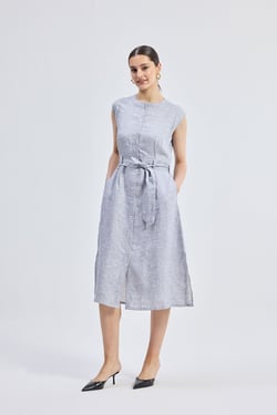 Back Cut Out Linen Dress - Pin striped Linen / 3XL