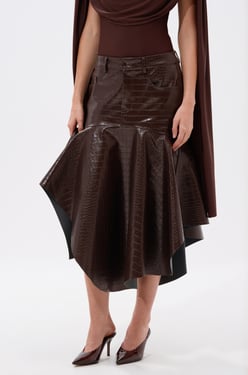 AKIRA Relax With Me Crocodile Midi Skirt | Brown | Size 1X