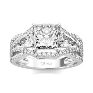 Jeulia Three Stone Princess Cut Sterling Silver Ring