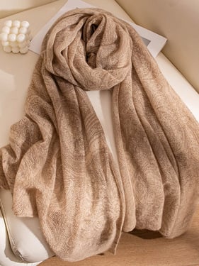 100% Cashmere Printed Hand-Knit Shawl Scarf - Light Coffee / One Size