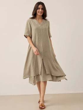 100% Linen V-Neck Double-Layer Midi Dress JAYDA - Khaki / XXL
