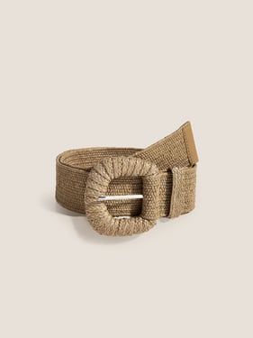 Natural Woven Straw Belt With Square Buckle - Khaki / One Size