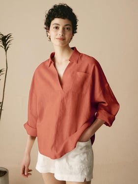 Linen Oversized Fit Pocket Shirt ELOWEN - Terracotta / XXXL