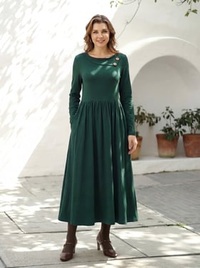 Wool Layered Neck Pleated Maxi Dress BILLIE - Deep Olive / XXL