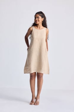 Hemp Short Dress with Back Embroidered Lace Detail - Neutral Beige / 3XL
