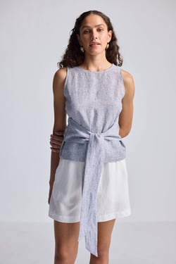 Front-tie Top in Linen Stripes - Pin striped Linen / L