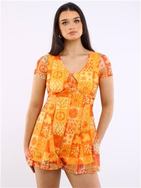 Daisy Street Patch Pattern Playsuit - Orange - 8