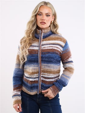 Daisy Street Stripe Full Zip Sweater - Blue - XS