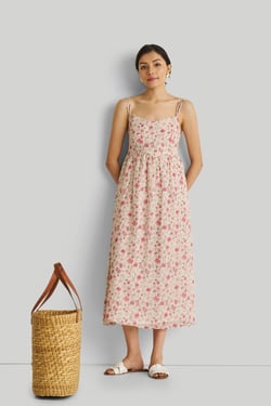 Strappy Gathered Midi Dress in Pink Florals - Petal fusion / 3XL