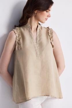 Sleeveless Hemp Top with Ruffles in Neutral Beige - Neutral Beige / L