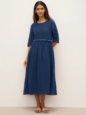 100% Linen Petal-Waist Drawstring Midi Dress JASMINE - Nautical Blue / XXL