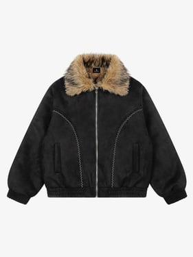 Vintage Distressed Deconstructed Faux Fur Collar Jacket - Black / XL