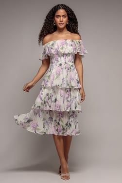 Goddiva Shirred Chiffon Floral Bardot Midi Dress - Multi