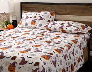 QE Home Halloween Cotton Percale Sheet Set in Hallows Eve, Seasonal, White, Queen