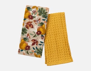 QE Home Cotton Tea Towels in Fall Leaves (Set of 2), Scenic, Yellow