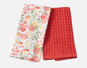 QE Home Cotton Tea Towels in Spring Meadow (Set of 2), Scenic, Red