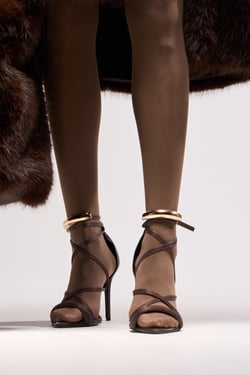 AKIRA Azalea Wang Radha Chocolate Metal Embellished Sandal | Brown | Size 11