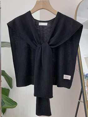 Wool Textured Knit Shawl Scarf - Black / One Size