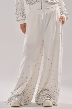 AKIRA All Rhinestone Wide Leg Jogger Pants | White | Size 1X