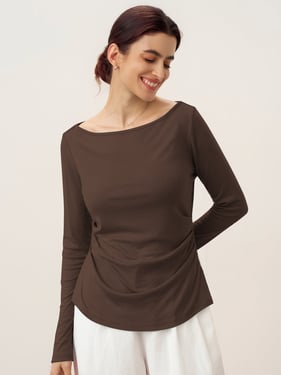Wool Side Ruched Boat Neck Stretch Top VIVIEN - Espresso / XXL
