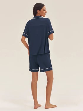 Short Sleeve Bamboo Pajama Set ODESSA - Navy Blue / Bottoms / XXL