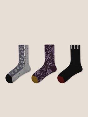 Long-Staple Cotton 3-Pair Floral Embossed Slouch Mid-Calf Sock Set - Plum Elegance / One Size