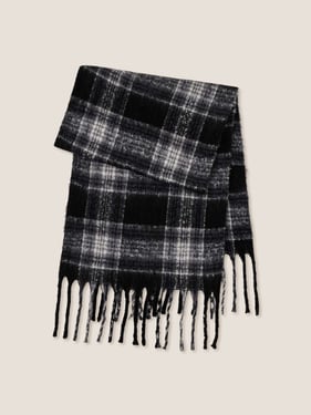 Plaid Fringed Scarf - Black Check / One Size