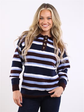 Daisy Street Stripe Rugby Knit Jumper - Brown Blue Navy - XS